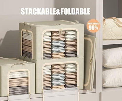 3 Openings Clothes Storage Bins with Metal Frame, Foldable Storage Bin for Clothes, Clothing Storage Bins with Lid, Linen Storage Box With Clear Window＆ Zippers＆ Durable Handles.(3 Pcs ,Beige,40L)