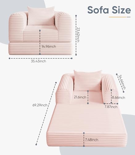 Versatile 2 in 1 Boneless Armchair Chaise Lounge Chair Indoor, Convertible Sleeper Chairs Couch Folding Sofa Bed Oversized Comfy Futon Floor Sofa BeanBag for Living Room Bedroom