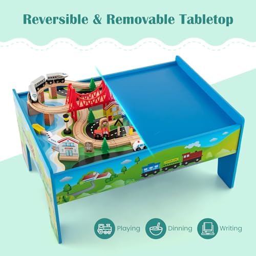 GLACER Train Table, 80 Pieces Wooden Toy Activity Table with Reversible Top