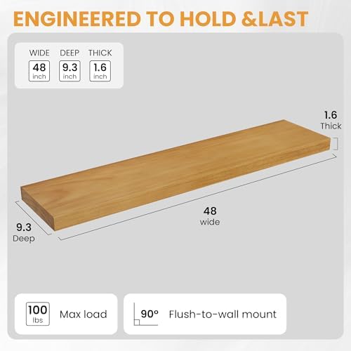 Floating Shelves for Wall, 48" x 9.3" Solid Pine Wood Wall Shelf, Wall Mounted Display Shelf with Invisible Heavy-Duty Metal Bracket, Home Decor for Bedroom, Kitchen, Living Room, Oak, 1 Pack