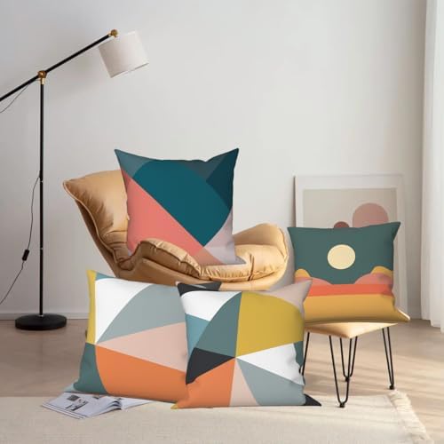 4 Pcs/Set Colorful Geometry Throw Pillow Covers Geometric Strip Moon Abstract Mid Century Minimalist Cushion Case for Outdoor Patio Furniture Couch Sofa Decor, 16"x16"