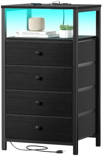 BOLUO Tall Night Stand with Drawers, Black Nightstand with Charging Station and LED Light, Small White 4 Drawer Dresser for Bedroom, Room Storage Closet