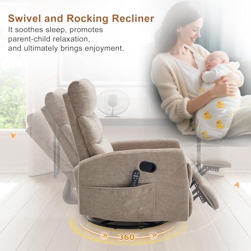 Luxlen Manual Swivel Rocker Recliner Chair with Vibration Massage, Overstuffed Glider Chair with Lumbar Heat for Nursery, Living Room Reclining Sofa Chair, Chenille Fabric Khaqi