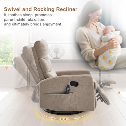 Luxlen Manual Swivel Rocker Recliner Chair with Vibration Massage, Overstuffed Glider Chair with Lumbar Heat for Nursery, Living Room Reclining Sofa Chair, Chenille Fabric Khaqi