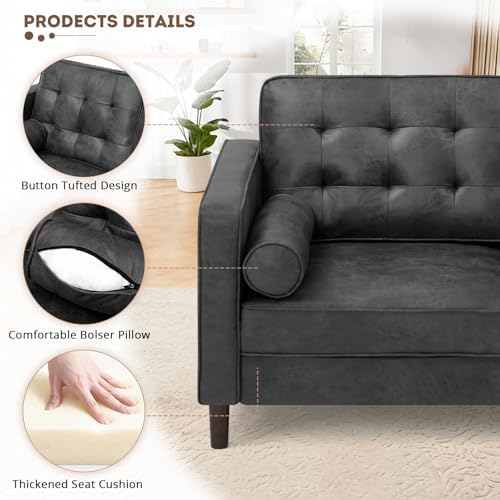 67" Suede Leather Loveseat Sofa with 2 Soft Pillows, Grey