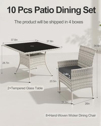 10-Piece Patio Dining Set, 2 Tempered Glass Tables & 8 Wicker Chairs