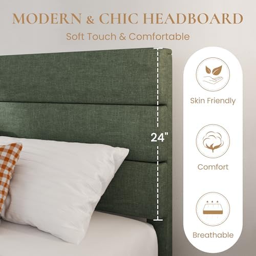 SHA CERLIN Twin Platform Bed Frame with Upholstered Fabric Headboard, Green