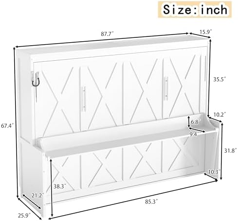 Bellemave Queen Murphy Bed with Desk,LED Lights, Cabinet Bed Frame with USB Port, Noisy Free, for Guest Bedroom, Living Room, White