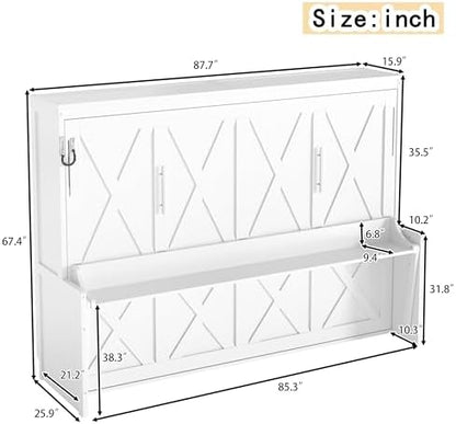 Bellemave Queen Murphy Bed with Desk,LED Lights, Cabinet Bed Frame with USB Port, Noisy Free, for Guest Bedroom, Living Room, White