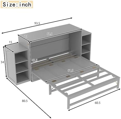 Bellemave Queen Murphy Bed, Cabinet Bed with 2 Shelves and Storage Drawers, Farmhouse Murphy Cabinet, Light Gray