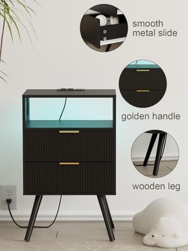 Leomonio Nightstand with Charging Station and LED Lights, Modern Bedside Table with 2 Storage Drawer and Open Wood Shelf for Bedroom and Small Spaces, Night Stand with Solid Wood Legs