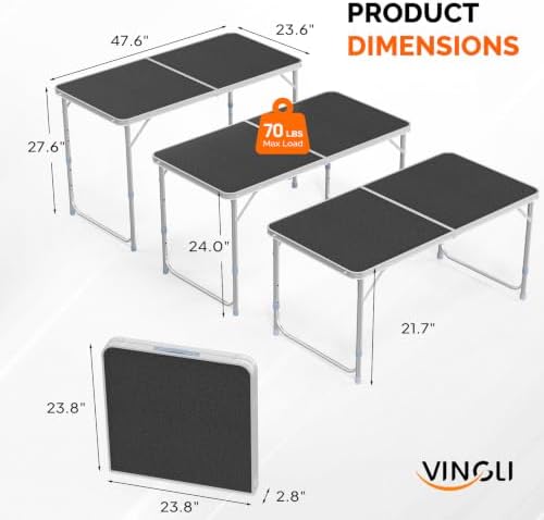 VINGLI 4FT White Folding Table with Carrying Handle Height Adjustable Lightweight Fold Up Portable for Indoor Outdoor Picnic,Camping,Hiking,Fishing,BBQ …