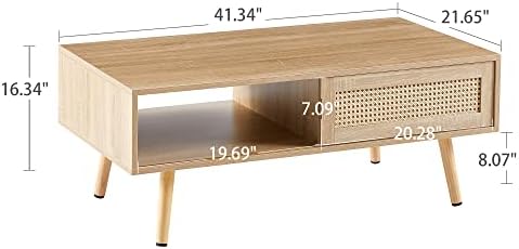 Rattan Coffee Table, Sliding Door for Storage, Solid Wood Legs, Modern Table for Living Room