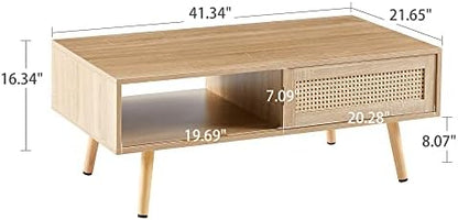 Rattan Coffee Table, Sliding Door for Storage, Solid Wood Legs, Modern Table for Living Room