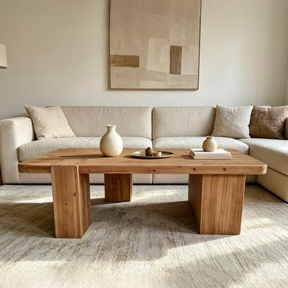 Rectangle Coffee Table with Thick Block Wooden Legs Rustic Center Table
