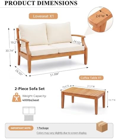 Devoko 2-Piece Outdoor Loveseat Eucalyptus Wood with Coffee Table, Beige
