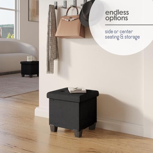 Storage Ottoman Cube with Small Bin, 15-in Square Ottoman with Storage for Living Room and Bedroom, Small Ottomans Foot Rest, Fabric Foot Stools Ottomans Max 330lbs, Black