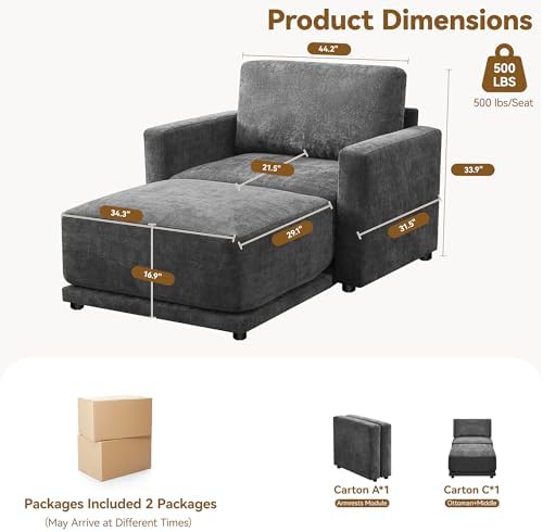 Modular Sectional Couch, 44.2" Chenille Single Sofa with Ottoman, Black