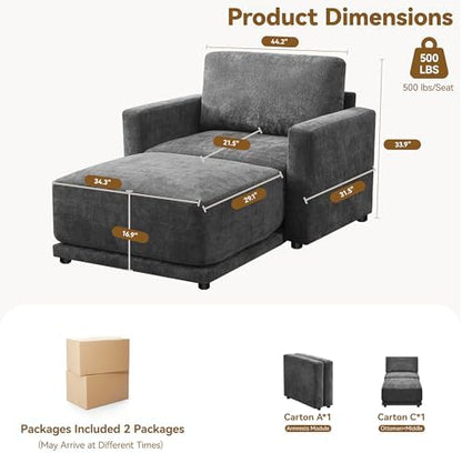 Modular Sectional Couch, 44.2" Chenille Single Sofa with Ottoman, Black