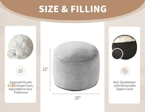 WSOFRLAC Round Pouf Ottoman, Small Foot Stool Foot Rest, Light Gray 20x15in