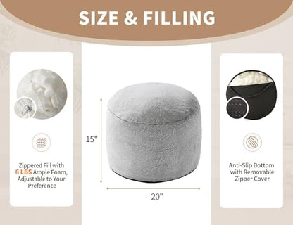 WSOFRLAC Round Pouf Ottoman, Small Foot Stool Foot Rest, Light Gray 20x15in