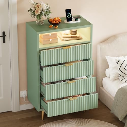 28"W 4 Drawers Dresser for Bedroom with LED and Charging Station, Green