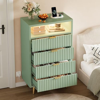 28"W 4 Drawers Dresser for Bedroom with LED and Charging Station, Green
