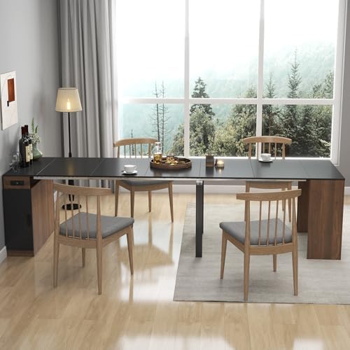 24"-118" Extendable Dining Room Table with Storage and Outlet, Walnut&Black