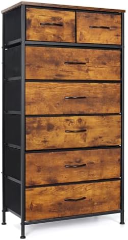 Mifuro Tall Dresser for Bedroom, Vertical Storage Organizer Tower with 7 Drawers, Chest of Drawers with Fabric Bins, Steel Frame, Wood Top for Bedroom, Closet, Entryway- Rustic Brown
