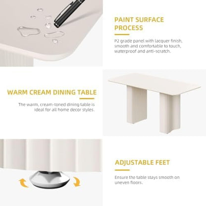 DWVO Cream White Dining Table 63" for 4-6, Rounded Corners, Fluted Base