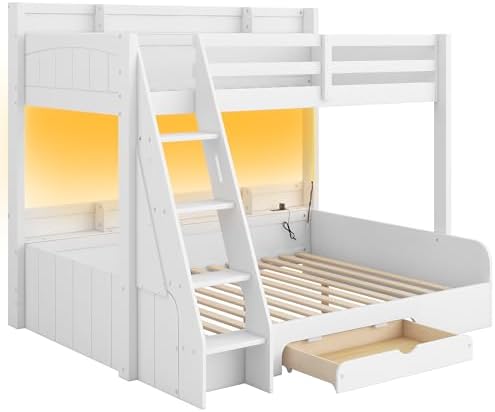 Wood Bunk Bed Twin Over Full Size with Built-in Storage Shelves and Charging Station, Versatile Bunk Bed Frame with Ladder and Guardrail for Kids Teens Adult, Maximize Space (White-5.6)