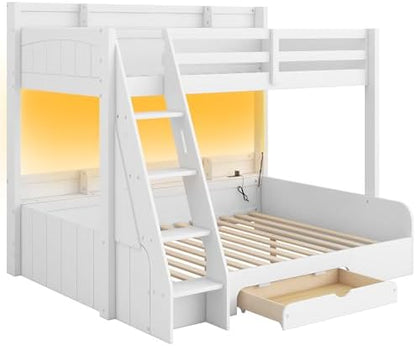 Wood Bunk Bed Twin Over Full Size with Built-in Storage Shelves and Charging Station, Versatile Bunk Bed Frame with Ladder and Guardrail for Kids Teens Adult, Maximize Space (White-5.6)