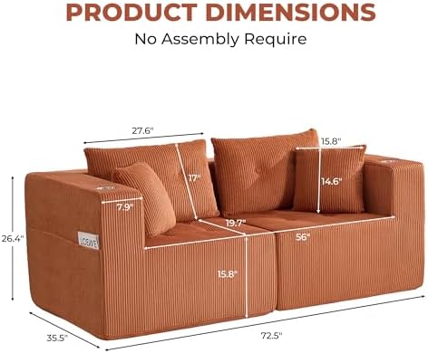 73" Loveseat Modular Sectional Sofa, Oversized 2-Seater Boneless Tufted Cloud Couch with Cup Holder, Corduroy Upholstery Small Couches for Living Room, No Assembly Orange