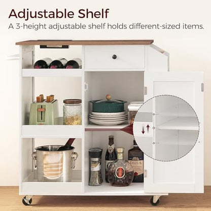 MAHANCRIS Kitchen Island with Power Outlet, Kitchen Storage Island with Drawer, Rolling Kitchen Cart on Wheels, Spice Rack, Towel Rack, Wine Rack, for Dining Room, White and Walnut KIBZ122E01