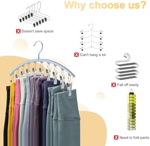 Legging Organizer for Closet, Metal Yoga Pants Hanger w/Rubber Coated 1 Pack w/10 Clips Hold 10 Leggings, Hangers Space Saving Hanging for Closet Organizers and Storage-Blue