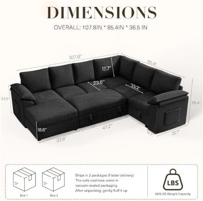 Sectional Sleeper Sofa with Pull Out Bed, Corduroy Couch with Storage