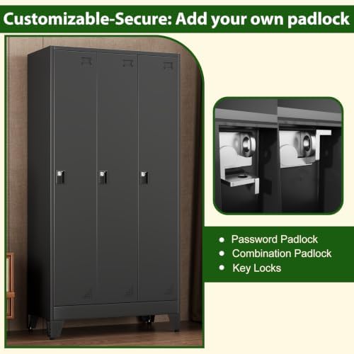 3 Doors Metal Storage Lockers Cabinet for Employees,67" File Storage Locker Cabinets with 3 Lockable Doors and 6 Hooks,Tall Clothing Coat Steel Looker Cabinet for Gym, School,Office,Stuff,Black