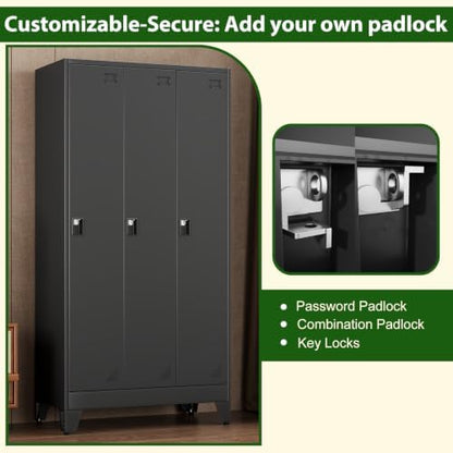 3 Doors Metal Storage Lockers Cabinet for Employees,67" File Storage Locker Cabinets with 3 Lockable Doors and 6 Hooks,Tall Clothing Coat Steel Looker Cabinet for Gym, School,Office,Stuff,Black