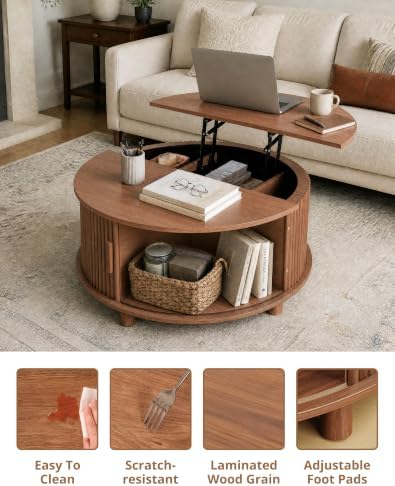 Round Lift Top Coffee Table with Storage for Living Room, Walnut