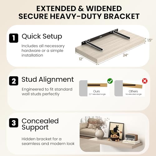 36 Inch Floating Shelves for Wall, 12 Inch Deep Shelves for Bedroom, Kitchen, Bathroom Wall Mounted, Rustic Wood Floating Shelf with Invisible Brackets for Books, Storage, Decor, Gray, 3 Pack