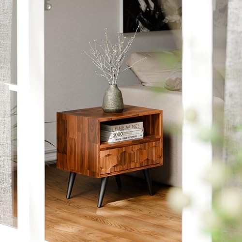 Bme Georgina Solid Wood Nightstand, 1 Drawer & Open Shelf, Dark Chocolate