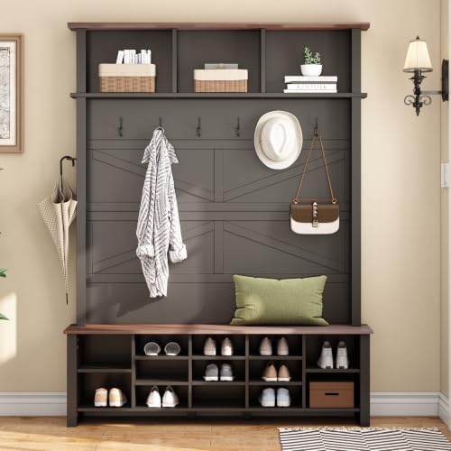 Merax Farmhouse Wood Versatile Hall Tree with 6 Hooks for Hallway, Black