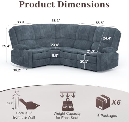 4 Seater Reclining Sofa Set, Modern Living Room Couch Set (Fabric,Blue)