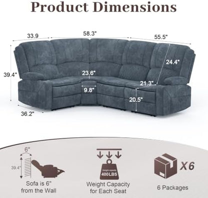 4 Seater Reclining Sofa Set, Modern Living Room Couch Set (Fabric,Blue)