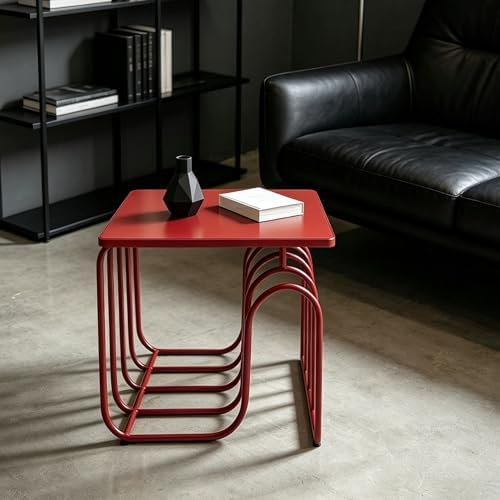 Red Curved Metal Side Table - Modern Square Accent End Table with Artistic Layered Frame, Minimalist Decorative Nightstand for Living Room, Bedroom, Entryway, Small Spaces, Easy to Clean
