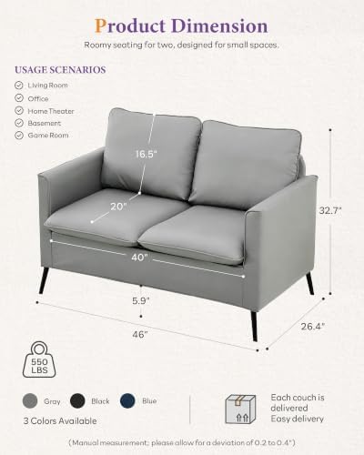 Faux Leather Loveseat Sofa, Small 2 Seater Couch for Small Spaces (Grey, 1)