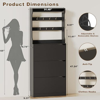 Tall Shoe Storage Cabinet with 3 Flip Drawer & Coat Rack, Black