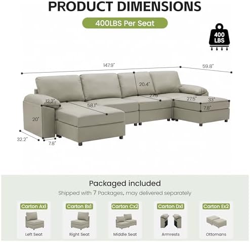147.9'' U Shaped Modular Sectional Couch, Oversized Faux Leather Sectional Sofa for Pet-Friendly, Deep Seat Sofas with 2 Movable Ottoman, Modern Comfy Cloud 6 Seater Sofa for Living Room, Greige