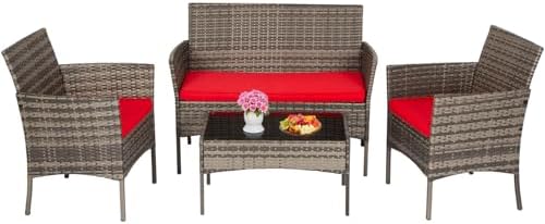 FDW 4-Piece Patio Furniture Set | Gray & Red | Outdoor Wicker Furniture