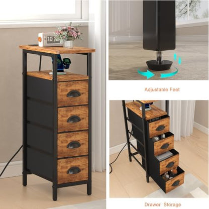 sthmec Nightstand with Charging Station, Narrow Night Stand Set of 2 with 4 Drawers, Skinny Side Table with Fabric Drawers,Slim Sofa Couch Tables for Small Spaces Bedroom,Rustics Brown